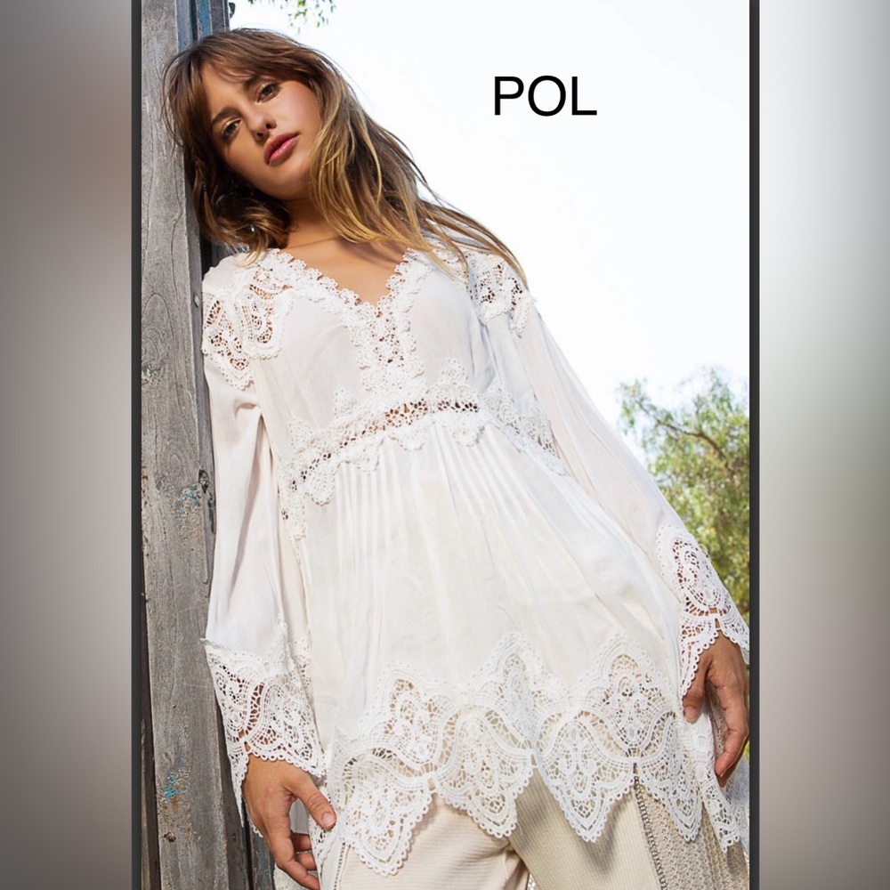 BP212-1⭐️POL pretty White Lace Bohemian top w/lace detdils throughout! Wow! - Picture 3 of 8